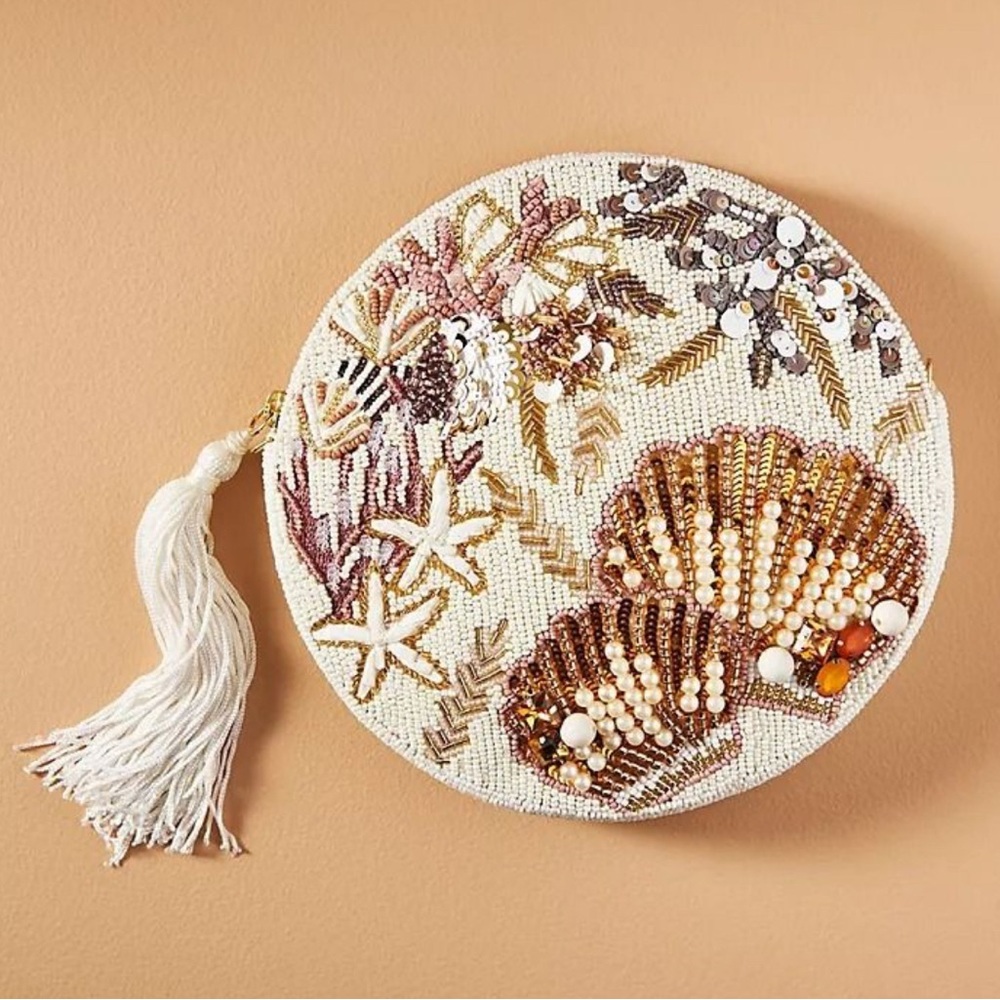 Anthropologie Beaded Shell Circle Crossbody - Cream, Gold, Brown, Pink